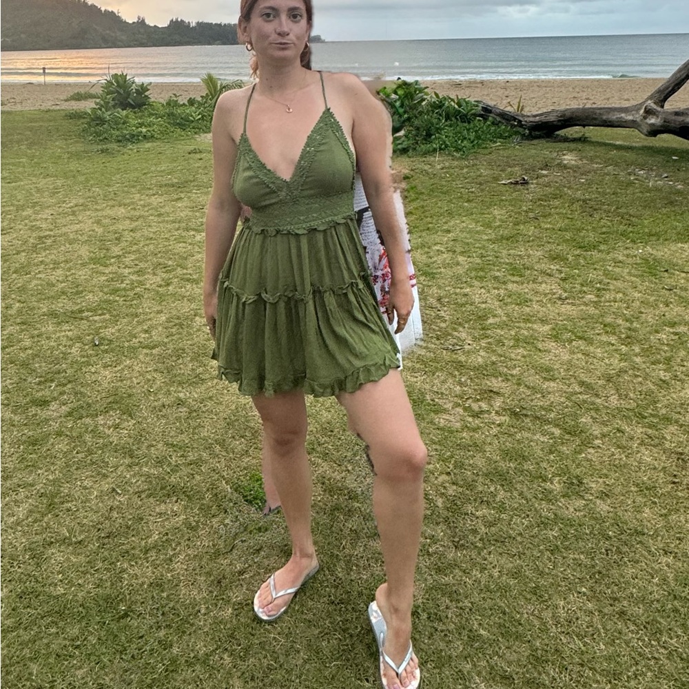 Olive Green Halter Dress with Lace Detail